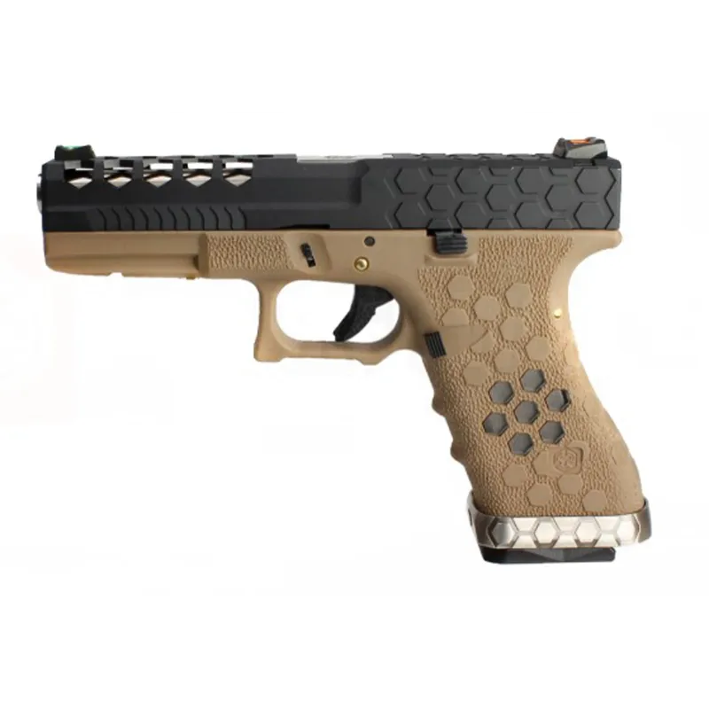 Pistolet GBB AW Custom VX0111 Hex Cut tan et noir, vue de profil gauche