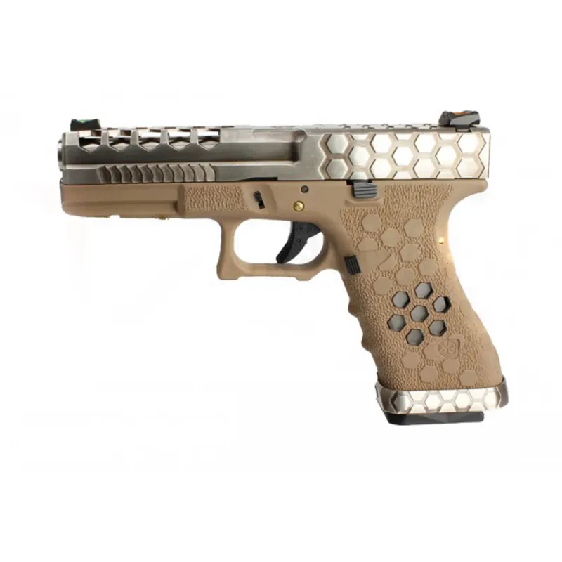 Pistolet GBB AW Custom VX0101 Hex Cut tan et métal, vue de profil gauche