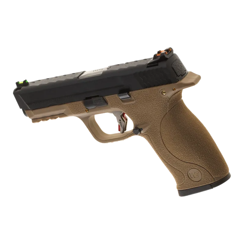Pistolet GBB WE WET-05 tan, culasse métal noire, vue trois quarts gauche