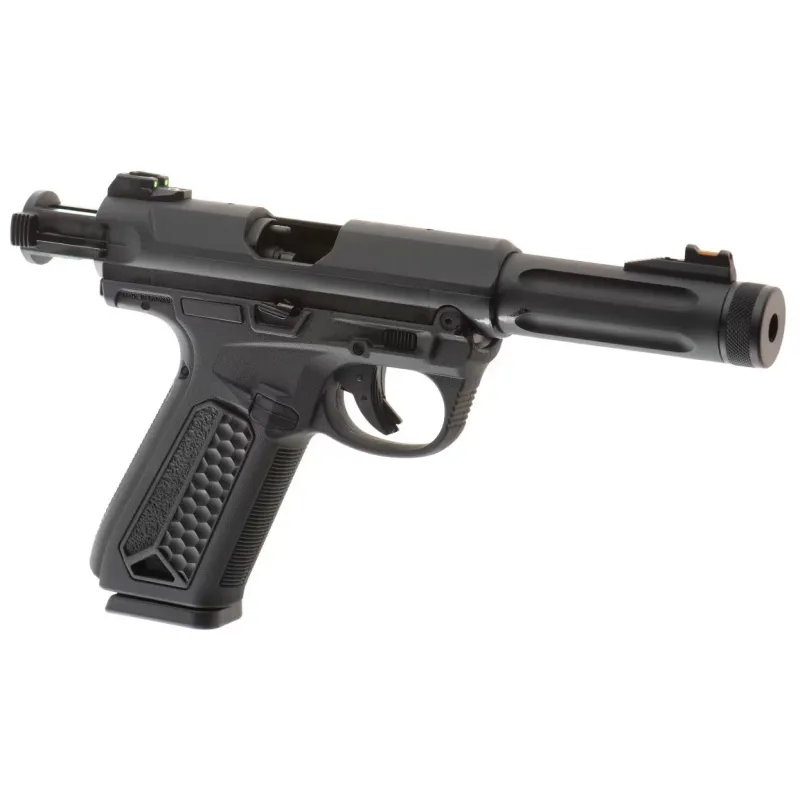 Pistolet GBB Action Army AAP-01 noir, culasse en arrière, vue de trois quarts