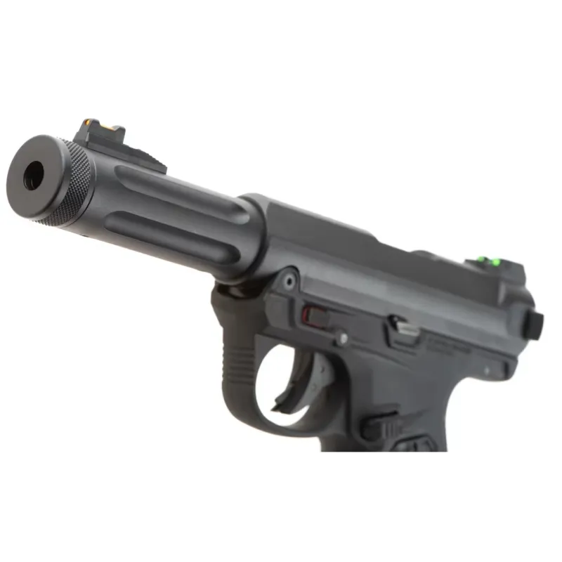 Pistolet GBB Action Army AAP-01 noir, détail du canon cannelé et du sélecteur