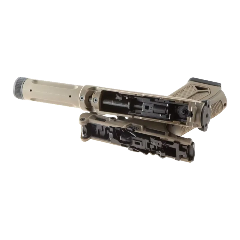 Action Army AAP-01 tan ouvert, mécanique interne et culasse visibles