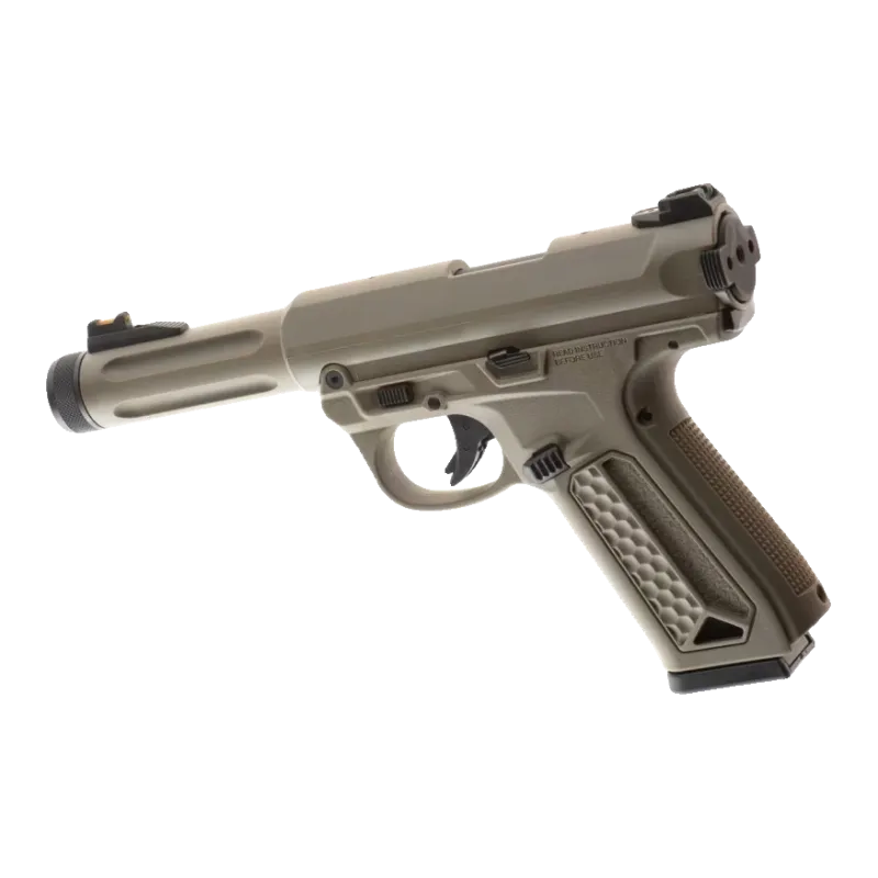 Pistolet GBB Action Army AAP-01 tan, vue de trois quarts arrière côté gauche