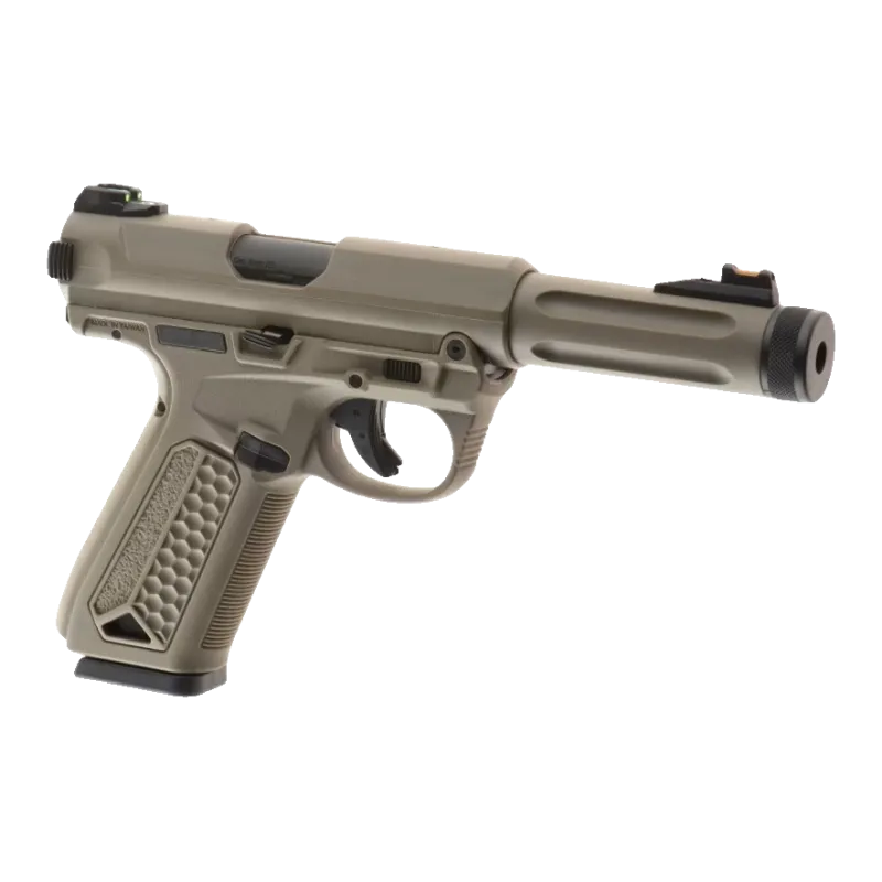 Pistolet GBB Action Army AAP-01 tan, vue de trois quarts avant côté droit