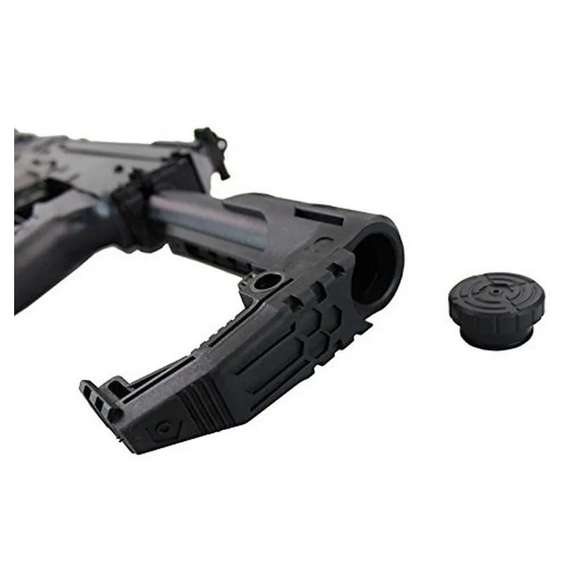 Crosse compacte Slong Airsoft noire montée, vue arrière avec bouchon de tube à côté