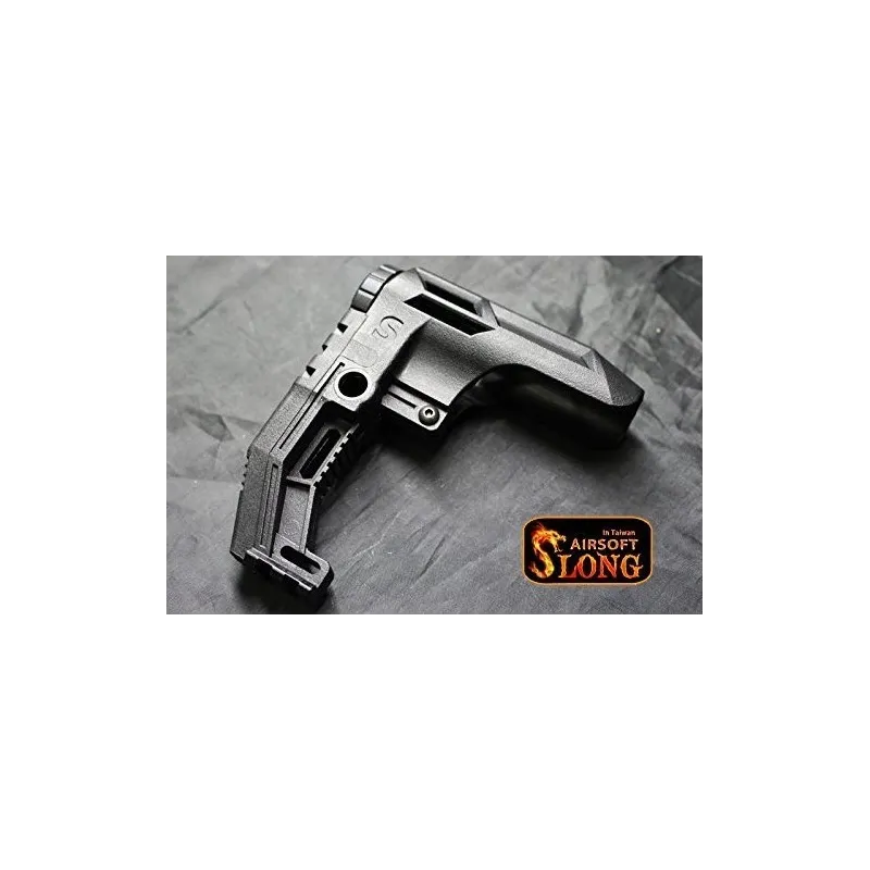 Crosse compacte Slong Airsoft noire posée sur tissu, vue de trois quarts avec logo Slong