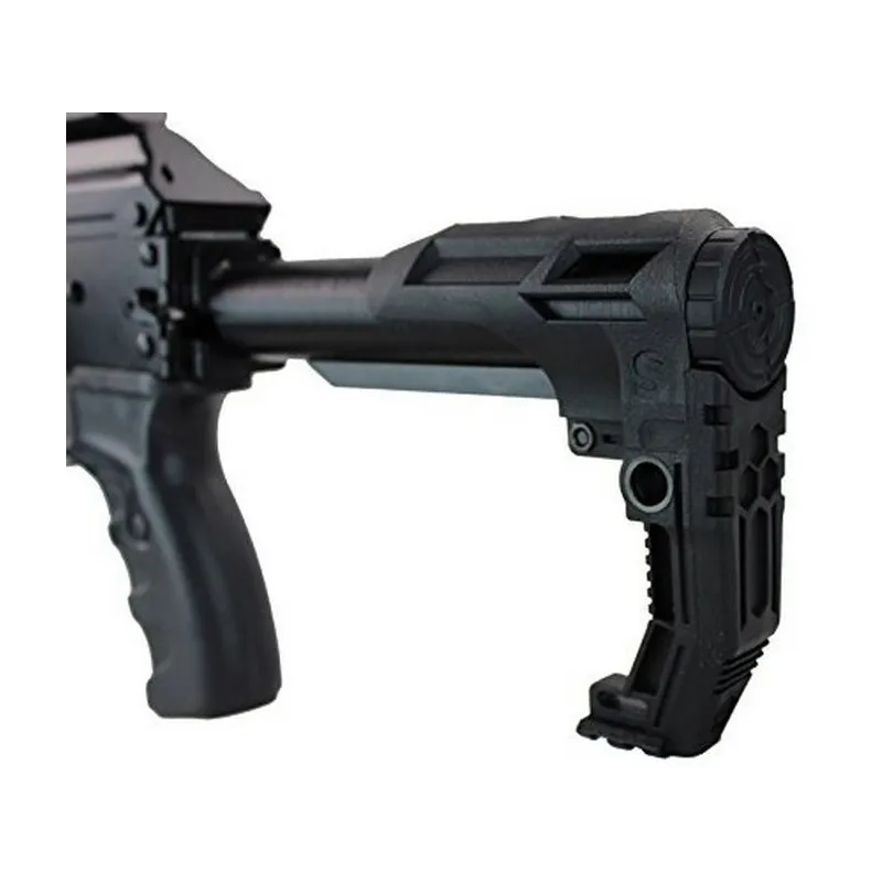 Crosse compacte Slong Airsoft noire montée sur réplique, vue de trois quarts côté droit