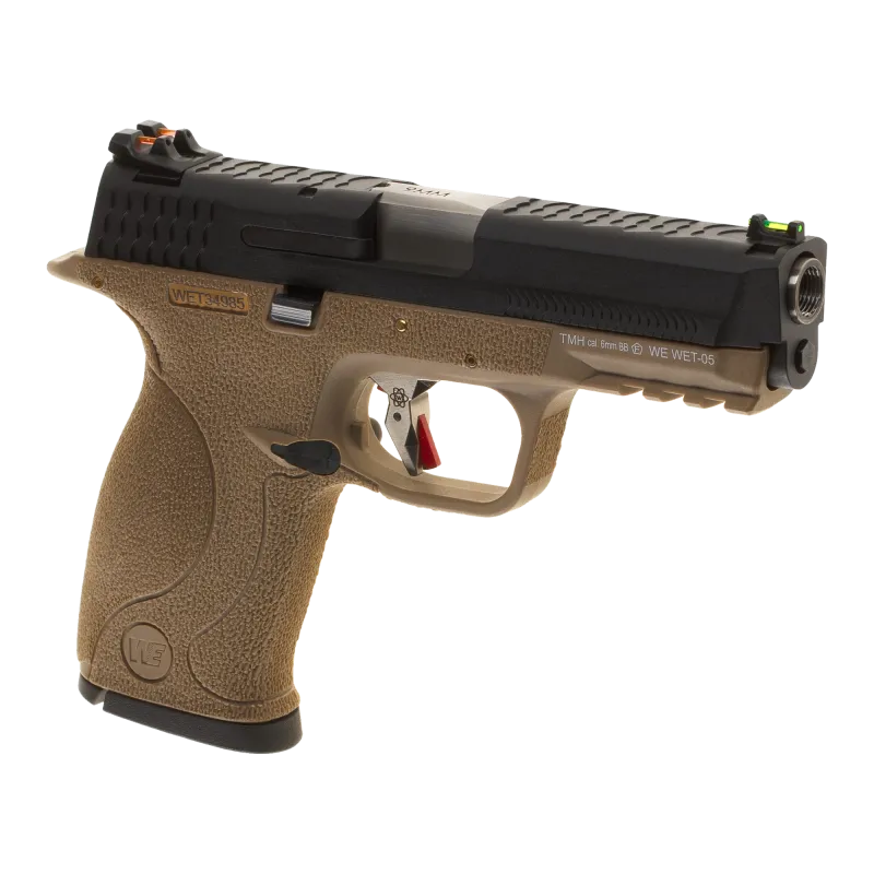 Pistolet GBB WE WET-05, vue trois quarts droite, mires fibre optique