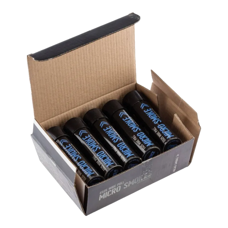 Boîte ouverte de fumigènes Enola Gaye EG25 Micro Smoke bleu, tubes rangés