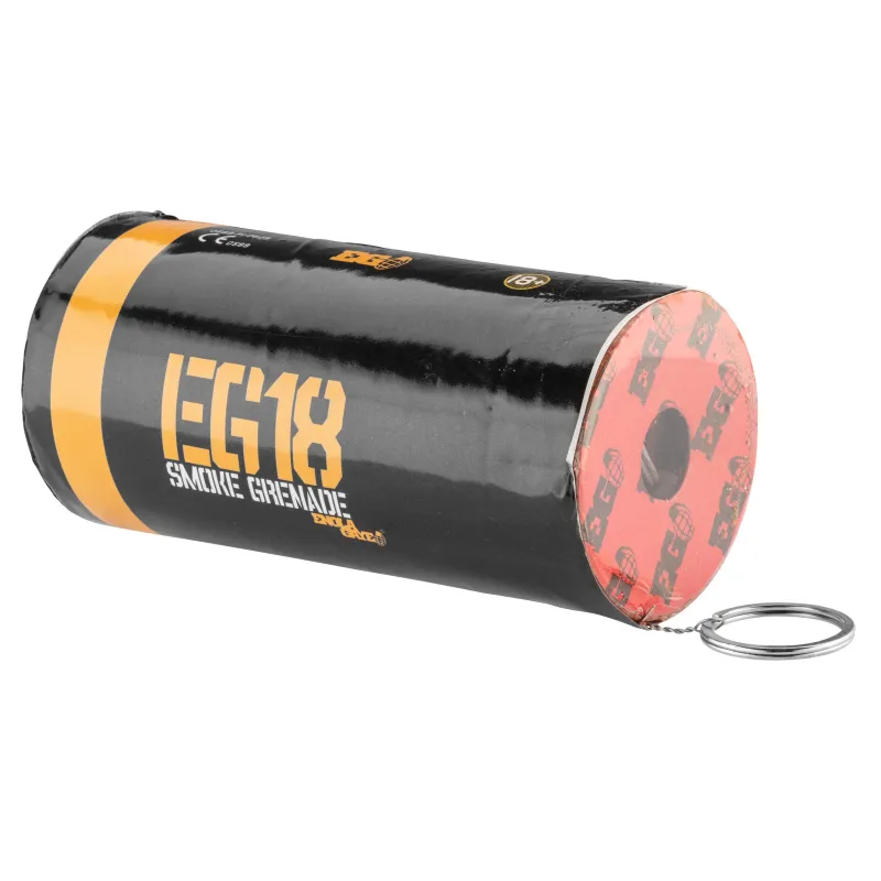 Fumigène Enola Gaye EG18 couché, étiquette EG18 Smoke Grenade, dessus rouge et anneau de tirage