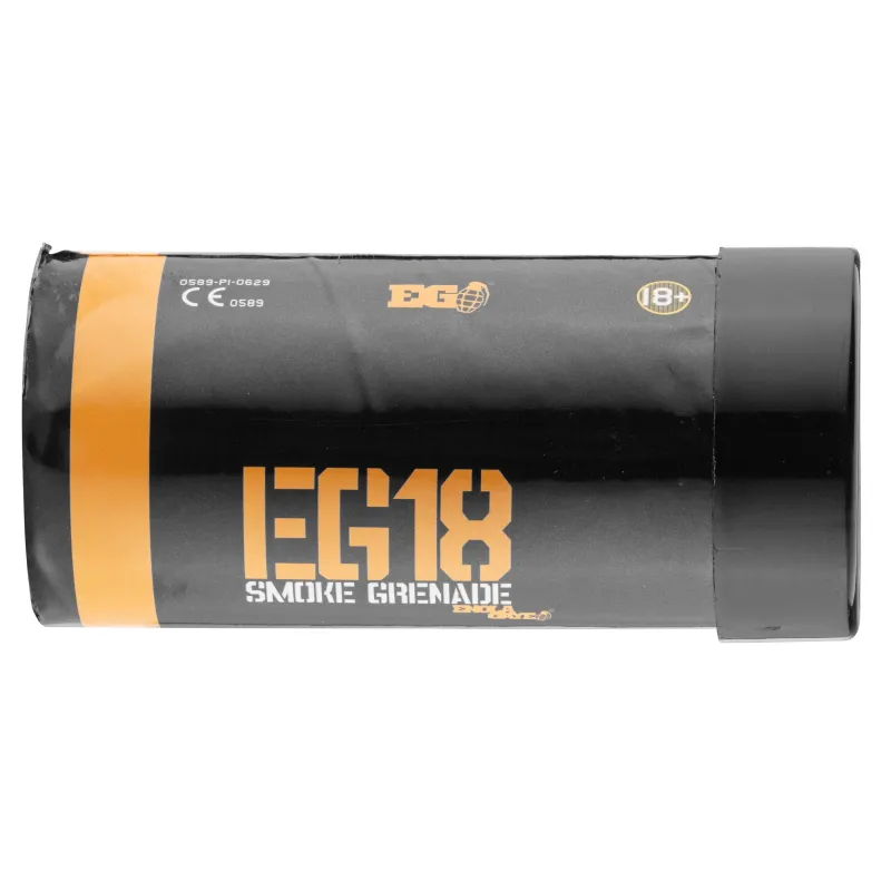 Fumigène Enola Gaye EG18 vu de côté avec son bouchon noir, étiquette EG18 et mention 18+