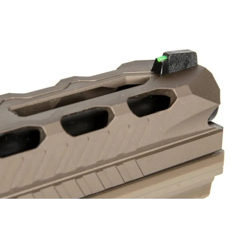 Poseidon Orion 2 Combat tan, gros plan de l'avant de la culasse et du guidon fibre