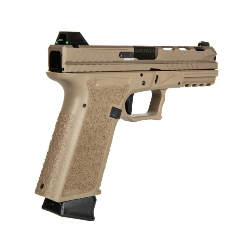 Pistolet GBB Poseidon Orion 2 Combat tan, vue de trois quarts arrière côté droit
