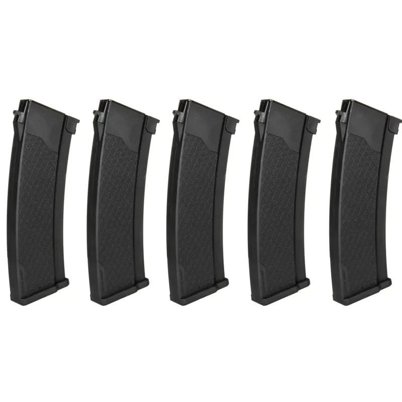 Cinq chargeurs mid-cap S-Mag Specna Arms 175 billes pour AEG type AK, noirs, alignés de profil