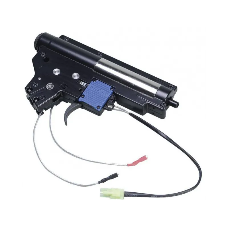 Gearbox Ares Amoeba V2 EFCS câblage avant, vue de trois quarts avec boîtier bleu Ares