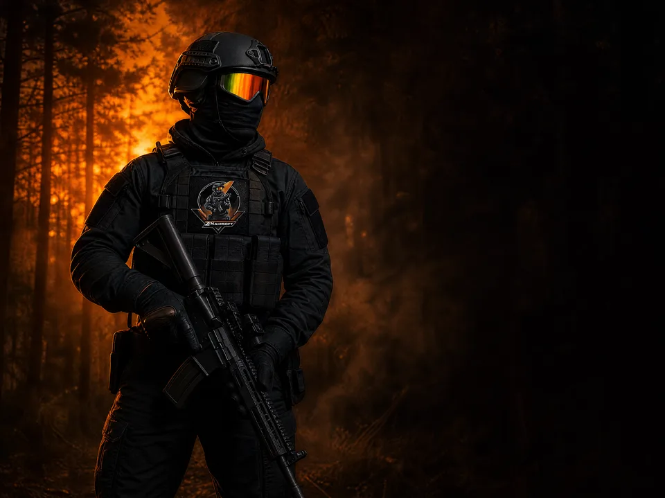 Opérateur ZN Airsoft en tenue noire, écusson ZN Airsoft sur le gilet, en sous-bois au crépuscule