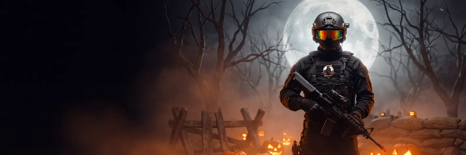 Opérateur ZN Airsoft devant la pleine lune, entouré de citrouilles d&rsquo;Halloween, en forêt la nuit