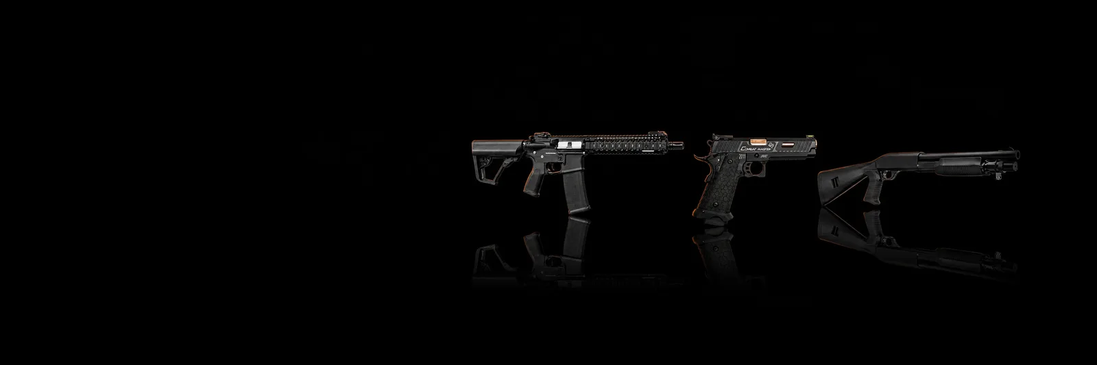 Répliques airsoft ZN : fusil d&rsquo;assaut, pistolet et fusil à pompe en studio noir